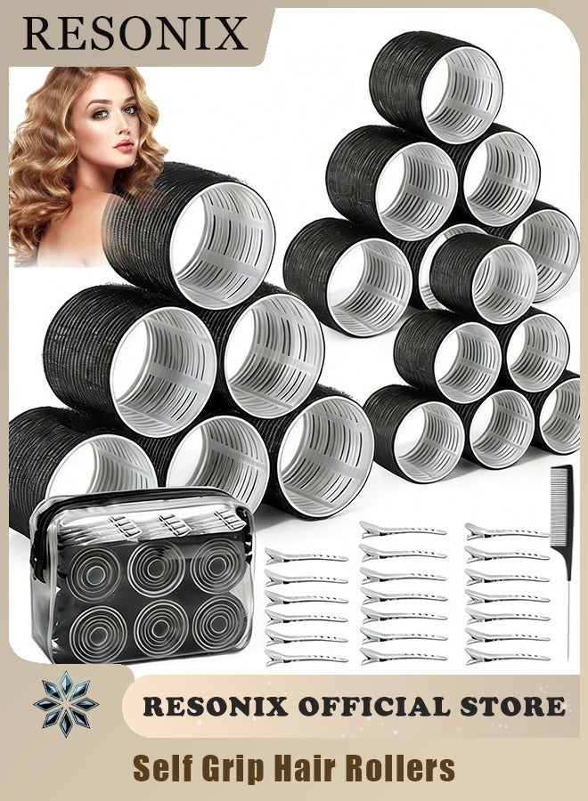RESONIX 40-Pack Self Grip Hair Rollers with Duckbill Clips & Storage Bag, 3 Sizes (6cm, 4.5cm, 3.6cm) – Heatless Curlers for Long, Medium & Short Hair, Create Natural Volume & Bang Curls (Black) - Image 1