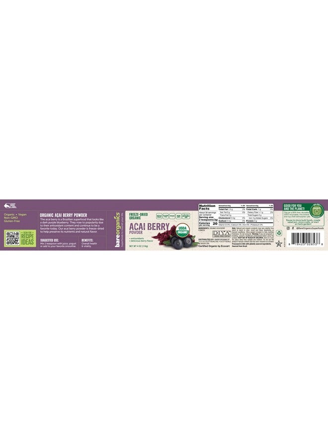BareOrganics مسحوق توت الأكاي من بار أورغانيكس، مسحوق سوبر فود، مكمل غذائي عضوي، 4 أونصات - Image 2
