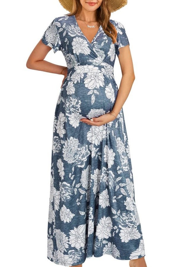 OUGES Maternity Maxi Dress Wrap V Neck Baby Shower Pregnancy Dresses for Photoshoot, Gray Floral White, M - Image 1