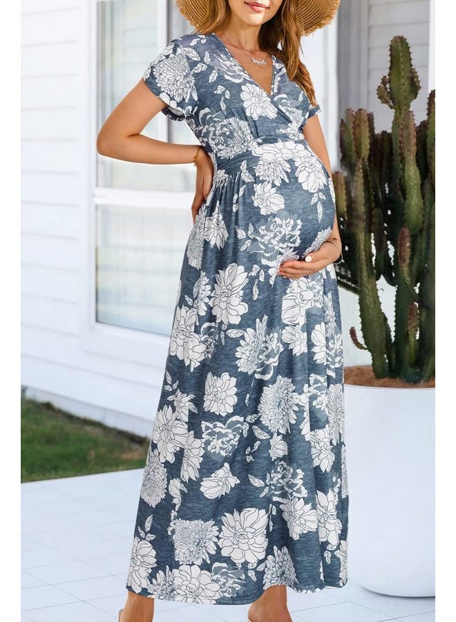 OUGES Maternity Maxi Dress Wrap V Neck Baby Shower Pregnancy Dresses for Photoshoot, Gray Floral White, M - Image 3