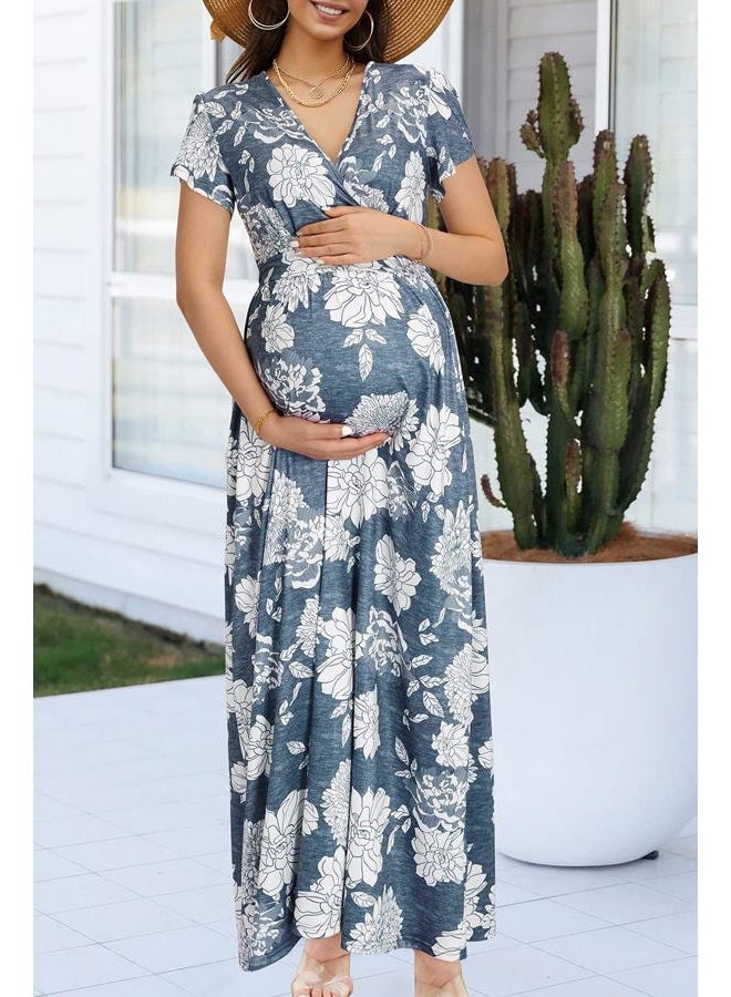OUGES Maternity Maxi Dress Wrap V Neck Baby Shower Pregnancy Dresses for Photoshoot, Gray Floral White, M - Image 2