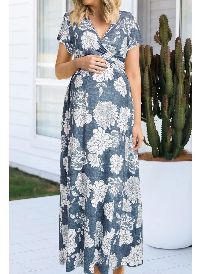 OUGES Maternity Maxi Dress Wrap V Neck Baby Shower Pregnancy Dresses for Photoshoot, Gray Floral White, M - Image 4