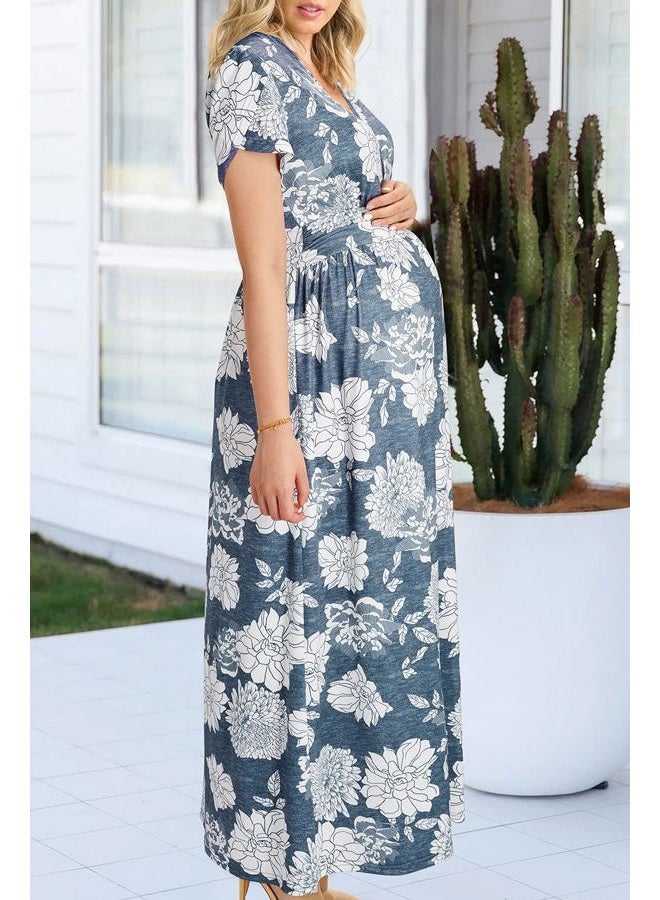 OUGES Maternity Maxi Dress Wrap V Neck Baby Shower Pregnancy Dresses for Photoshoot, Gray Floral White, M - Image 5
