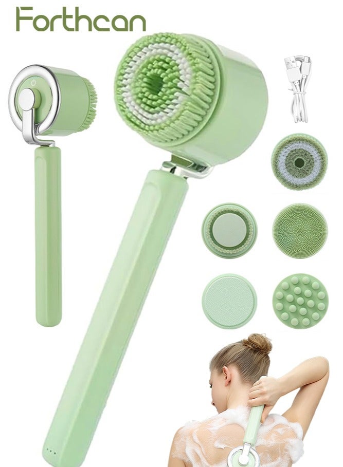 Forthcan Electric Bath Body Brush with Long Handle, 5 Replaceable Heads, Waterproof Shower Exfoliator and Rechargeable Back Scrubber Massager - Image 1