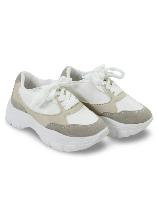 Ourkids Unisex Leather Sneakers –  Beige & White - Image 1