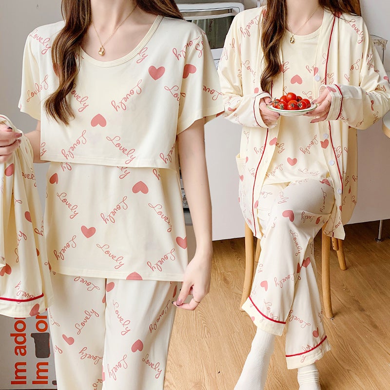 Confinement clothing summer thin postpartum nursing three-piece short-sleeved maternity pajamas summer maternity nursing clothing 8872 letter peach heart [lining short sleeve]] 