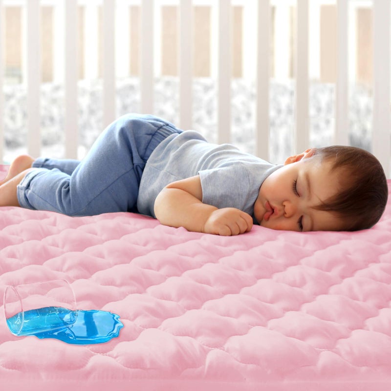 Biloban Crib Mattress Protector Sheets Fitted Waterproof Crib Mattress Pad Cover, Noiseless & Machine Wash 100% Absorbent Crib/Toddler Mattress Protector Sheet Quilted, Pink, 52" x 28" - Image 1