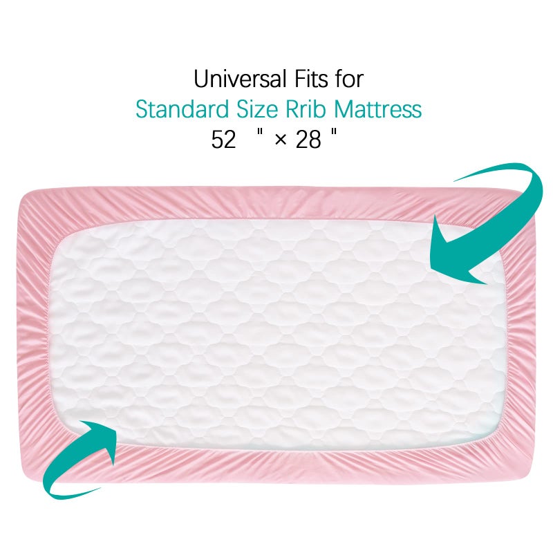 Biloban Crib Mattress Protector Sheets Fitted Waterproof Crib Mattress Pad Cover, Noiseless & Machine Wash 100% Absorbent Crib/Toddler Mattress Protector Sheet Quilted, Pink, 52" x 28" - Image 2