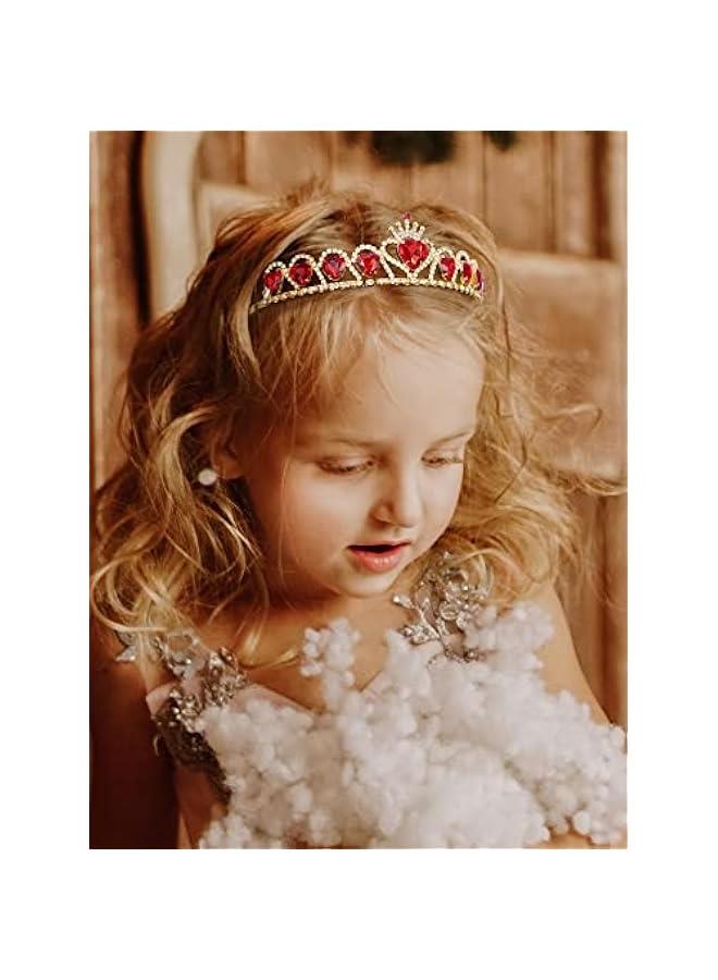 Red Princess Tiara for Girls, Birthday Crown Gift for Kids, Crystal Heart Tiara Headband, Child Costume Headpiece Dress up Accessories for Cosplay Party - Image 3