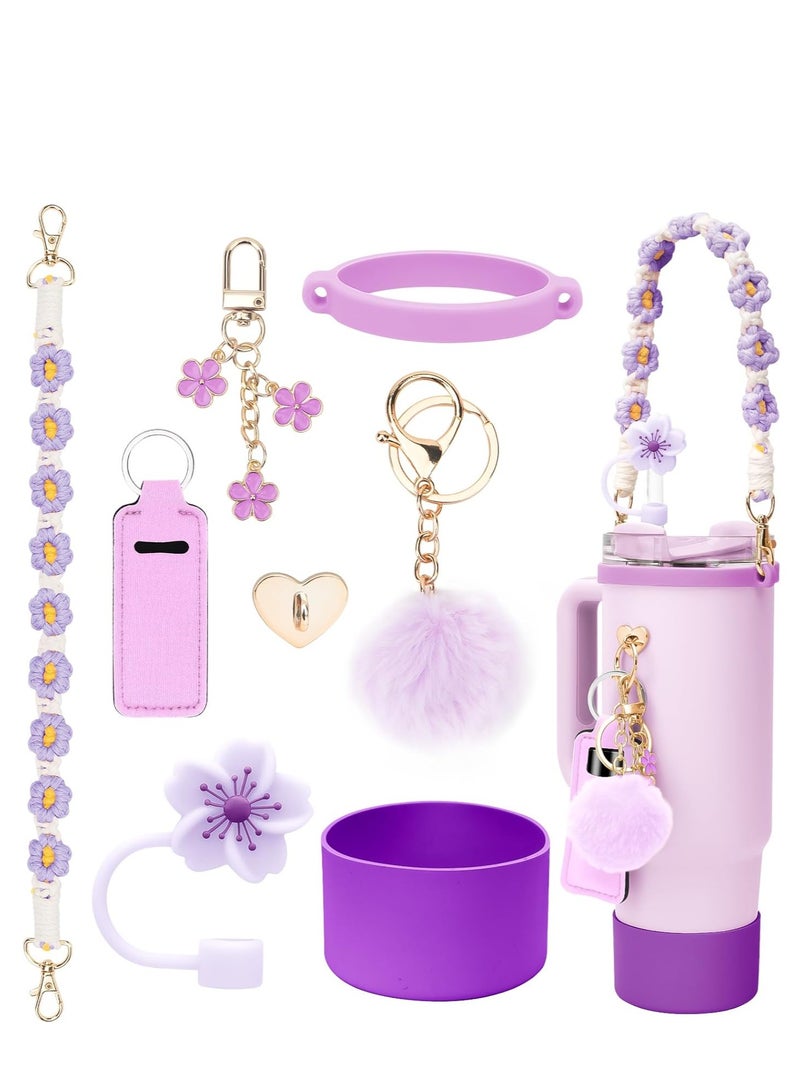 Furtey Stanley Cup Accessories Set Including 1 Pcs Water Bottle Handle Strap, 1 Pcs Siliocne Straw Cover, 1 Pcs Siliocne Stanley Cup Boot, 3 Pcs Stanley Charms for Stanley Cup 40oz & 30oz Tumbler - Purple - Image 1