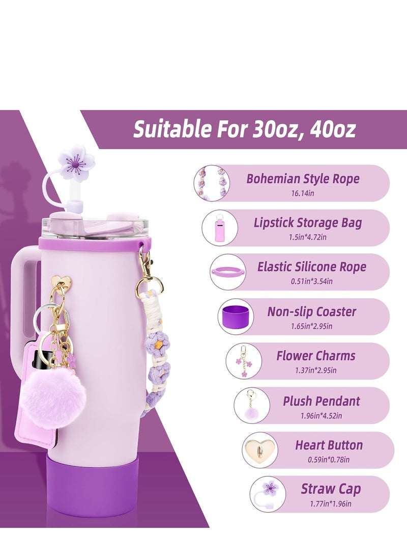 Furtey Stanley Cup Accessories Set Including 1 Pcs Water Bottle Handle Strap, 1 Pcs Siliocne Straw Cover, 1 Pcs Siliocne Stanley Cup Boot, 3 Pcs Stanley Charms for Stanley Cup 40oz & 30oz Tumbler - Purple - Image 2