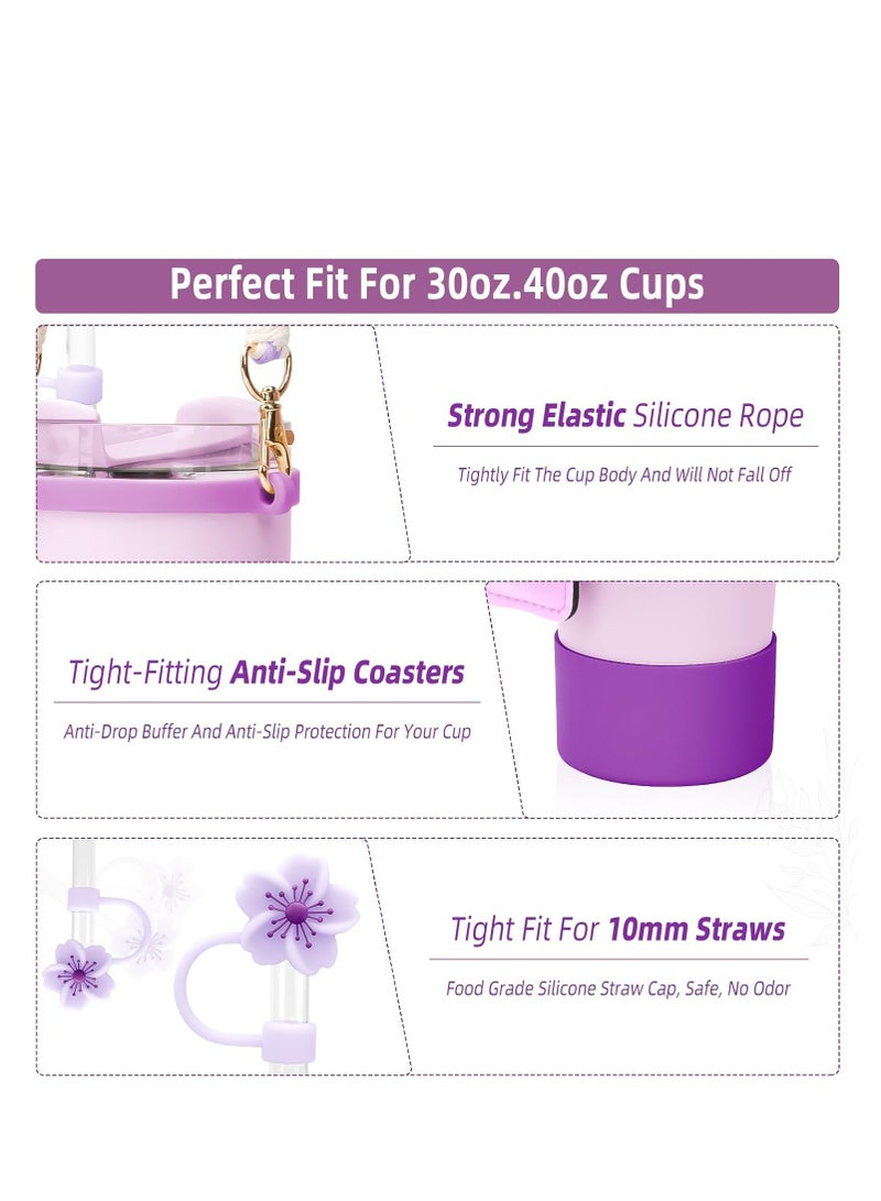Furtey Stanley Cup Accessories Set Including 1 Pcs Water Bottle Handle Strap, 1 Pcs Siliocne Straw Cover, 1 Pcs Siliocne Stanley Cup Boot, 3 Pcs Stanley Charms for Stanley Cup 40oz & 30oz Tumbler - Purple - Image 3