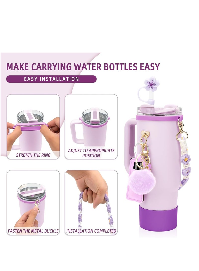 Furtey Stanley Cup Accessories Set Including 1 Pcs Water Bottle Handle Strap, 1 Pcs Siliocne Straw Cover, 1 Pcs Siliocne Stanley Cup Boot, 3 Pcs Stanley Charms for Stanley Cup 40oz & 30oz Tumbler - Purple - Image 4