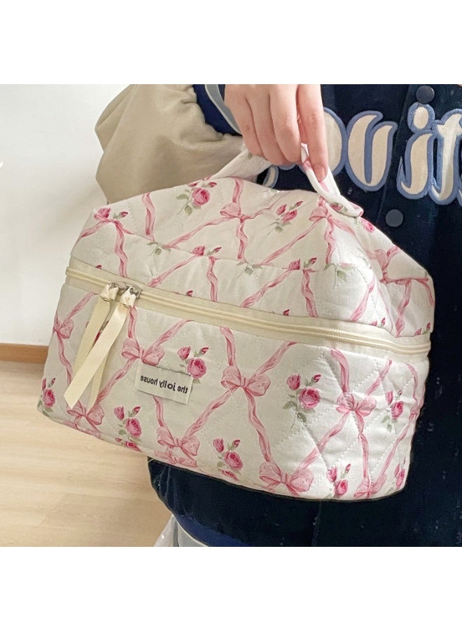 ووفيكسر طقم حقائب مكياج من 3 قطع، حقيبة مستحضرات تجميل قطنية مزينة بفيونكة زهرية، منظم أدوات تجميل أنيق للسفر، مقلمة لطيفة وعلبة زينة للنساء والفتيات - Image 5