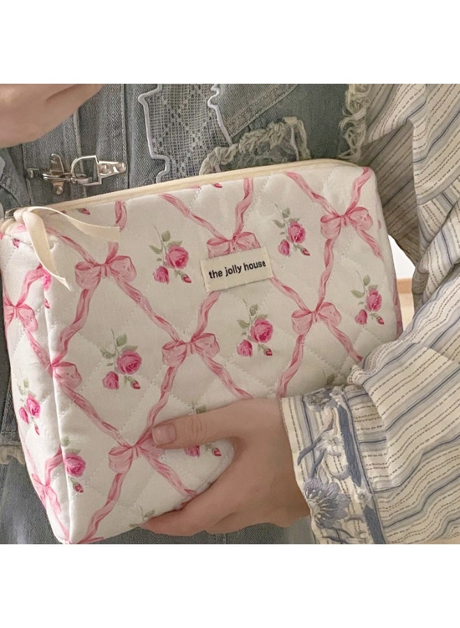 ووفيكسر طقم حقائب مكياج من 3 قطع، حقيبة مستحضرات تجميل قطنية مزينة بفيونكة زهرية، منظم أدوات تجميل أنيق للسفر، مقلمة لطيفة وعلبة زينة للنساء والفتيات - Image 3