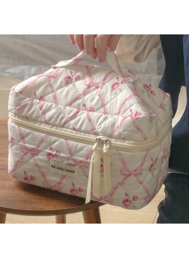 ووفيكسر طقم حقائب مكياج من 3 قطع، حقيبة مستحضرات تجميل قطنية مزينة بفيونكة زهرية، منظم أدوات تجميل أنيق للسفر، مقلمة لطيفة وعلبة زينة للنساء والفتيات - Image 2