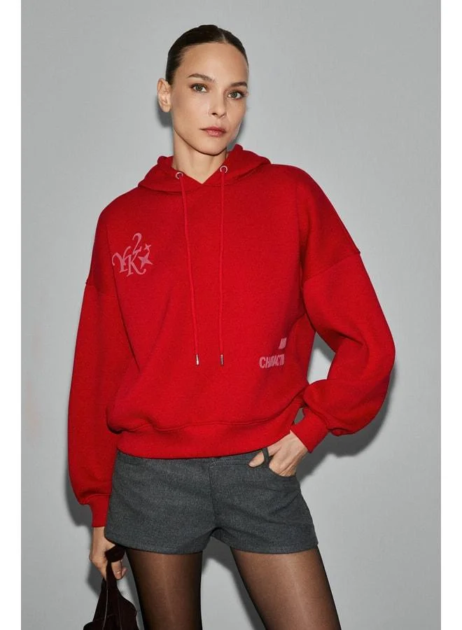 GRIMELANGE SPECTRUM Women's Organic Cotton Lined Polaroid Hooded Printed Oversized Red Sweatshirt.