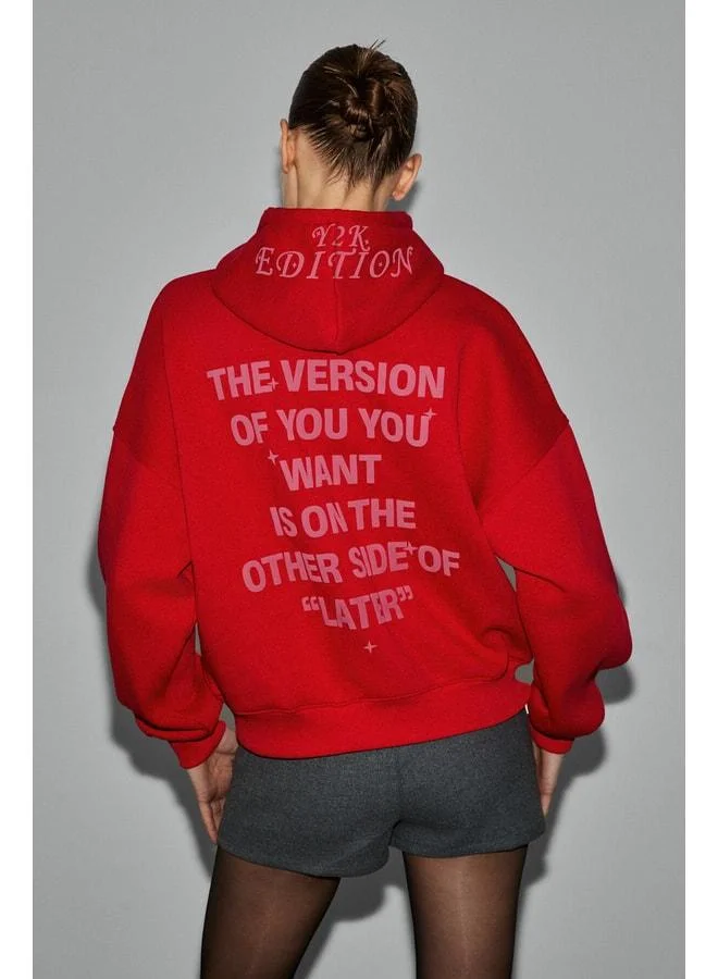 GRIMELANGE SPECTRUM Women's Organic Cotton Lined Polaroid Hooded Printed Oversized Red Sweatshirt.