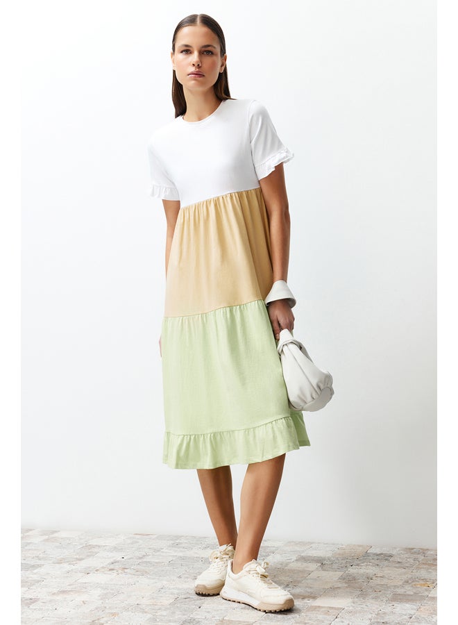 trendyol Multi Color Color Block A-Line/A-Line Formal Crew Neck Short Sleeve Knitted T-shirt Dress TWOSS24EL00192 - Image 1