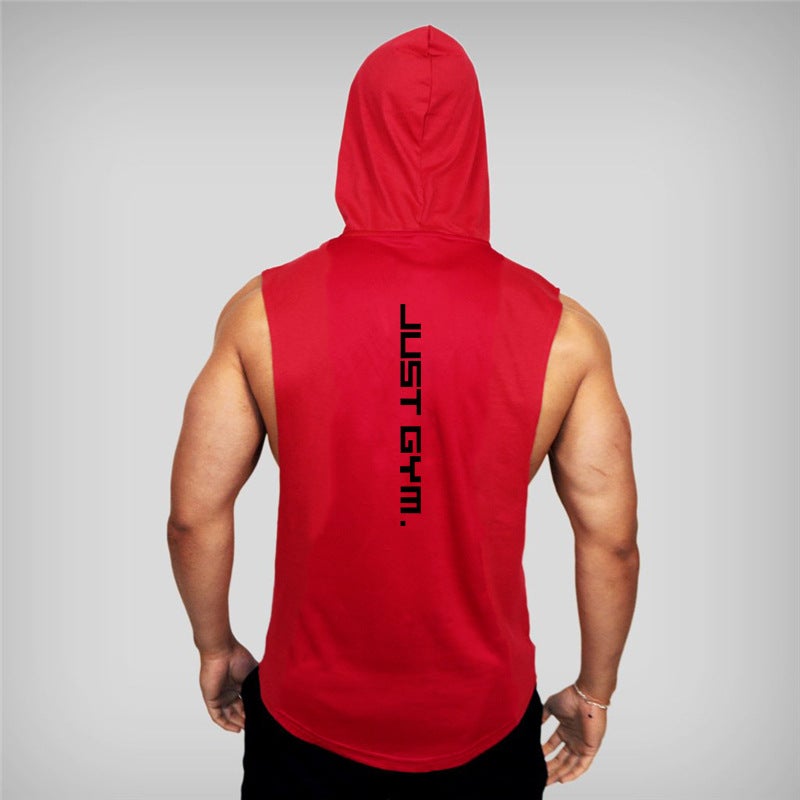Muscle Fit Cotton Printed Hoodie Sleeveless Tank Top Red