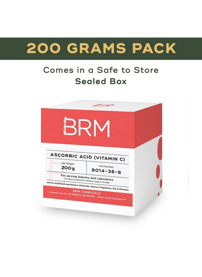 BRM CHEMICALS - Ascorbic Acid - Vitamin C Powder - 200 Grams For Serum Making, Anti Ageing Beauty Formulations, Lotion Making, Cosmetic Making & Diy Personal Care For Face, Hair, Skin & Body - Image 1