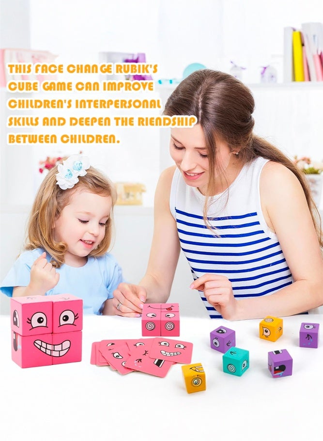 SHABILI Wooden Expression Puzzle Cube Brain Teaser Game With Natural Wood Face Matching Building Blocks For Kids Logical Thinking Training, Educational Puzzle Board Game With Challenge Cards And Bell, Interactive Family Game - Image 3