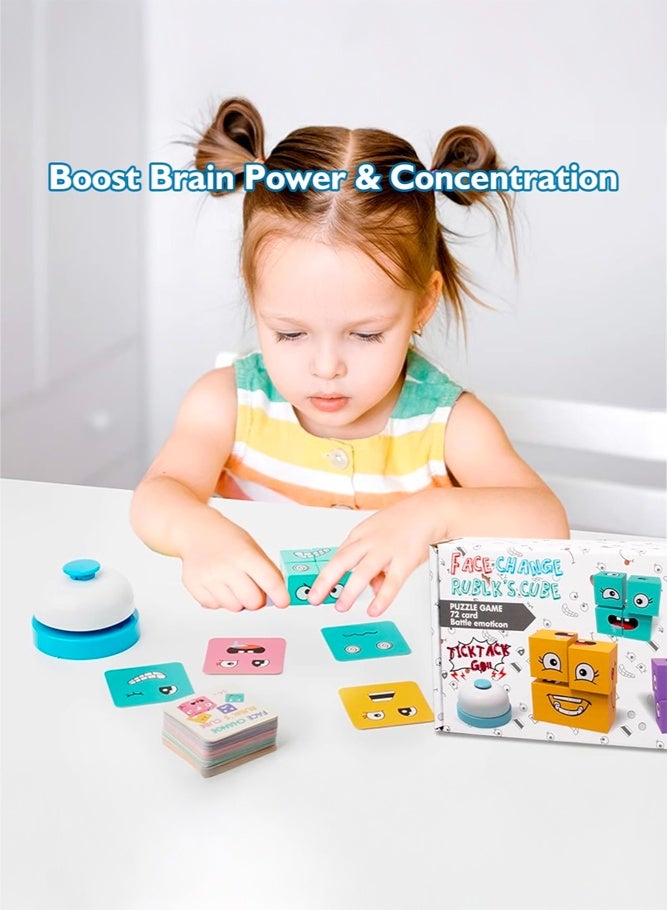 SHABILI Wooden Expression Puzzle Cube Brain Teaser Game With Natural Wood Face Matching Building Blocks For Kids Logical Thinking Training, Educational Puzzle Board Game With Challenge Cards And Bell, Interactive Family Game - Image 4
