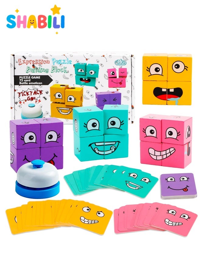 SHABILI Wooden Expression Puzzle Cube Brain Teaser Game With Natural Wood Face Matching Building Blocks For Kids Logical Thinking Training, Educational Puzzle Board Game With Challenge Cards And Bell, Interactive Family Game - Image 1