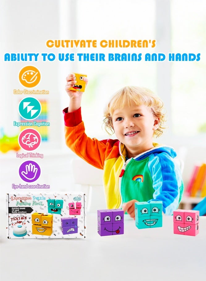 SHABILI Wooden Expression Puzzle Cube Brain Teaser Game With Natural Wood Face Matching Building Blocks For Kids Logical Thinking Training, Educational Puzzle Board Game With Challenge Cards And Bell, Interactive Family Game - Image 2