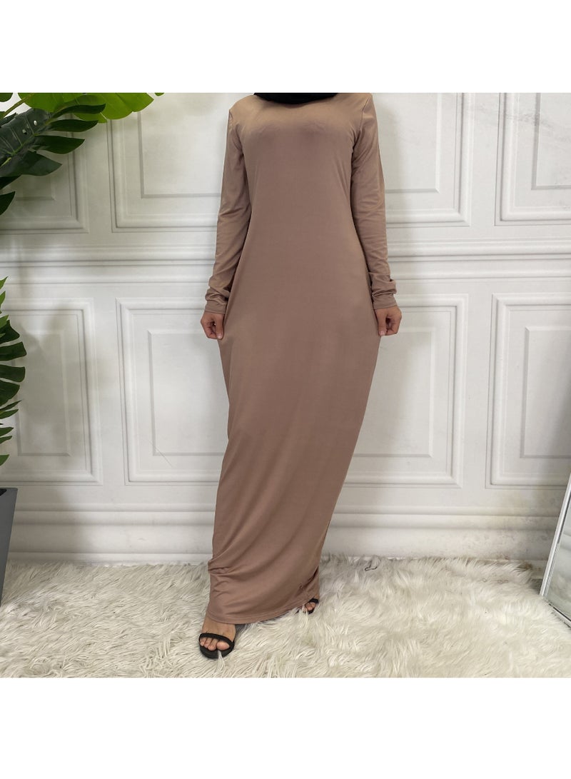 إسكدنيا Mock Neck Casual Abaya, Soft Breathable Long Sleeve Women Abaya Dress, Long Lasting Comfortable Normal Muslim Women Islamic Dress for Prayer, Daily Wear, Occasion Wear, ( Size L, Brown) - Image 1