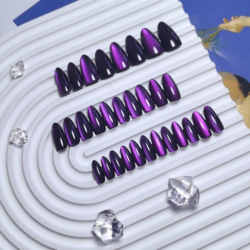 KQueenest Purple Cat Eye Press on Nails Almond Shape, 30 Pcs Black Glitter Fake Nails Medium, Thick Dark Sparkly Nails Press on, Shiny Acrylic Nails, Cute Bling Stick on Nails for Women Small Hand - Image 3