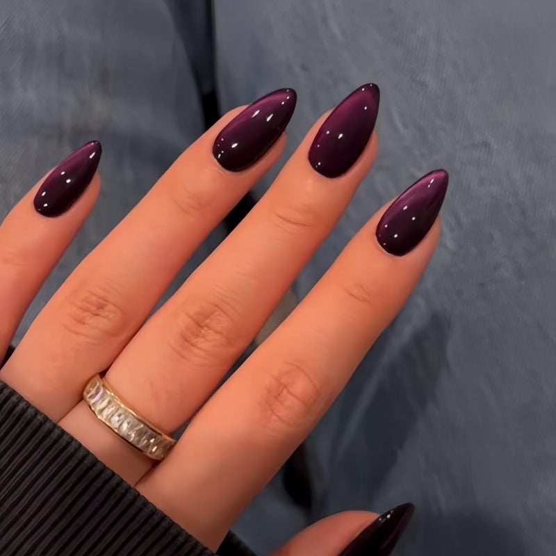 KQueenest Purple Cat Eye Press on Nails Almond Shape, 30 Pcs Black Glitter Fake Nails Medium, Thick Dark Sparkly Nails Press on, Shiny Acrylic Nails, Cute Bling Stick on Nails for Women Small Hand - Image 2