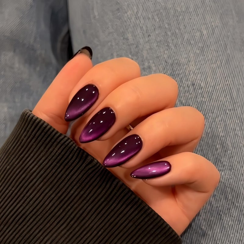 KQueenest Purple Cat Eye Press on Nails Almond Shape, 30 Pcs Black Glitter Fake Nails Medium, Thick Dark Sparkly Nails Press on, Shiny Acrylic Nails, Cute Bling Stick on Nails for Women Small Hand - Image 1