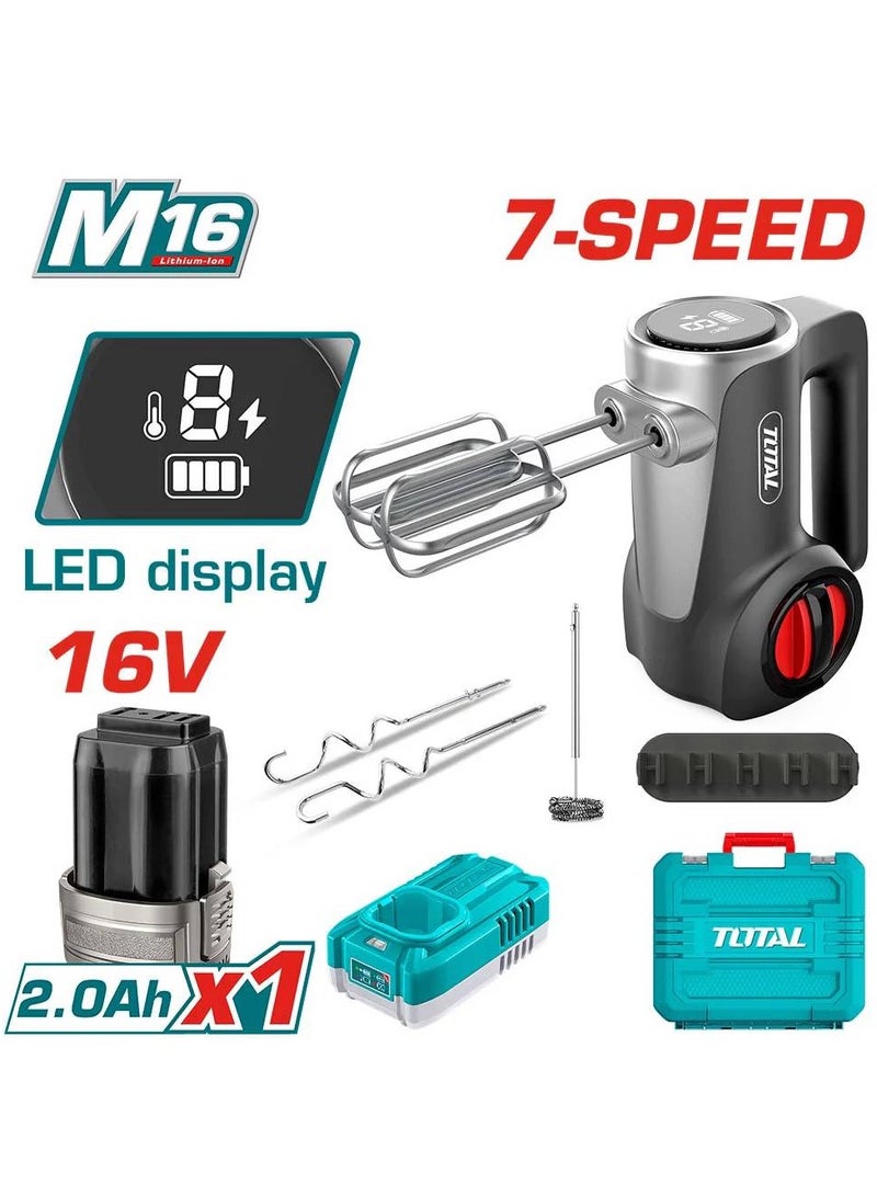 TOTAL 16V 7-Speed Cordless Hand Mixer – Rechargeable Electric Beater with Whisks, Dough Hooks & Frother - Image 4