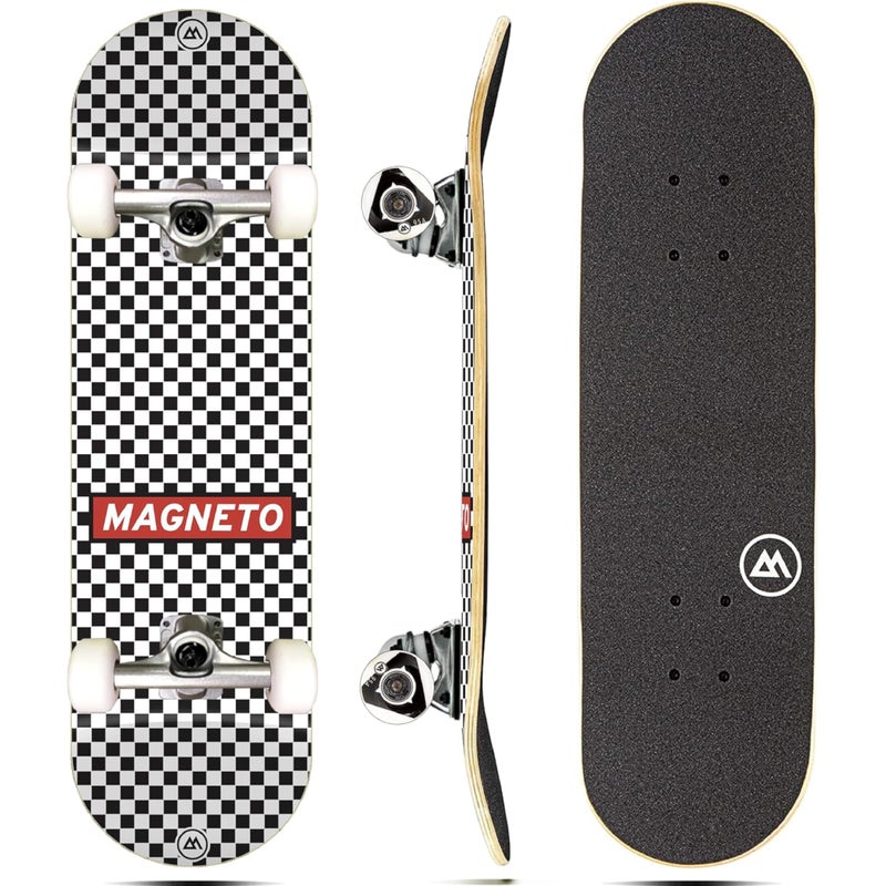 Magneto Skateboard - 9-Ply Maple Deck for Kid Skateboarders & Teen Beginners - Double Kicktails & ABEC-5 Bearings for Trick Moves - Smooth Cruiser Board Rides for Teen Girls - 27.5x7.75 in, Checkered - Image 1
