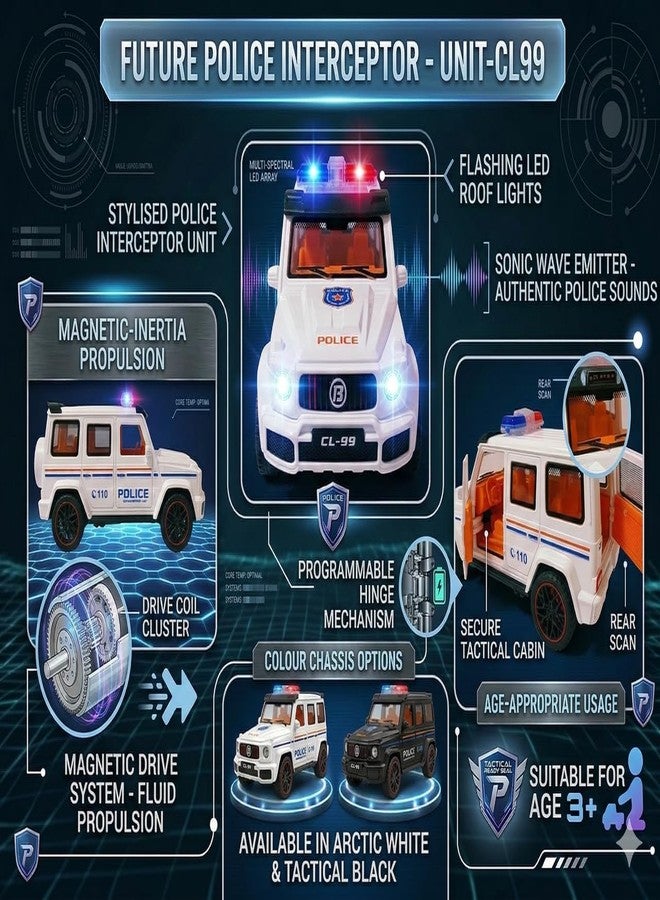eToymart Light & Sound Off-Road Police Vehicle Car for Boys | Friction Powered Police Truck for Kids | 8-Wheel Rugged Design with Opening Doors, Siren Sounds & Flashing Lights (3+ Years) (White) - Image 5
