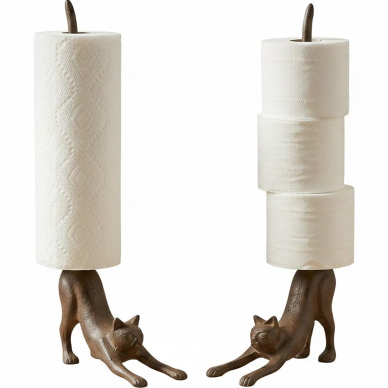 Comfify Yoga Cat Decorative Paper Towel Holder or Toilet Paper Holder - Adorable Downward Dog Pose Kitty - Cast Iron Paper Towel Stand - Antiqued Cast Iron Storage - Multiple uses - 18.5" Tall - Image 1
