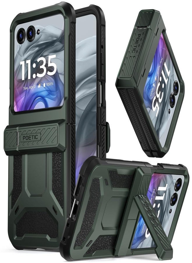 بويتيك جراب Poetic Spartan لهاتف Motorola Moto Razr 50، [مسند] [حماية المفصلات] [اختبار سقوط عسكري من ارتفاع 20 قدمًا] جراب حماية كامل للجسم شديد التحمل ومقاوم للصدمات مع مسند - أخضر معدني - Image 1