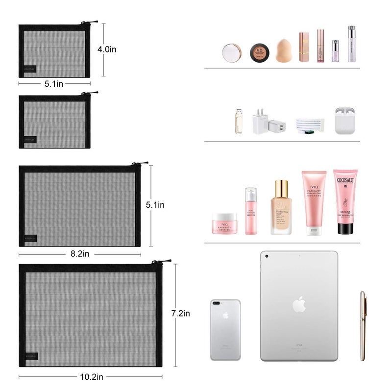 EASYFUN Mesh Pouch, Make up Bag with Zipper Cosmetic Organizer Pouch for Daily or Travel to Keep Small Items, 4 PCS Black - Image 2