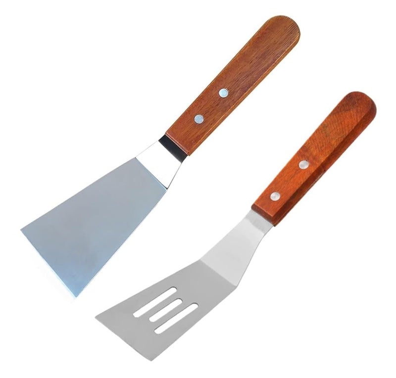 FRESHOME Stainless Steel Spatula | Slotted Fish Turner/Spatula, Griddle Scraper Flipper with Wooden Handle Kitchen Server (Pack of 2) - Image 1