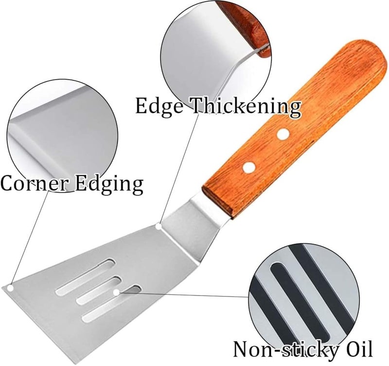 FRESHOME Stainless Steel Spatula | Slotted Fish Turner/Spatula, Griddle Scraper Flipper with Wooden Handle Kitchen Server (Pack of 2) - Image 3