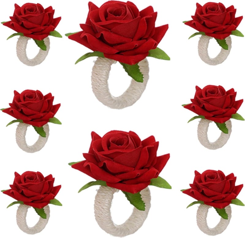 مجموعة حلقات مناديل مكونة من 8 قطع، حامل حلقات من خيوط الجوت على شكل وردة حمراء صناعية، مثالي لتزيين طاولة الطعام في أعياد الميلاد وحفلات الزفاف وعيد الحب والمناسبات المنزلية اليومية.