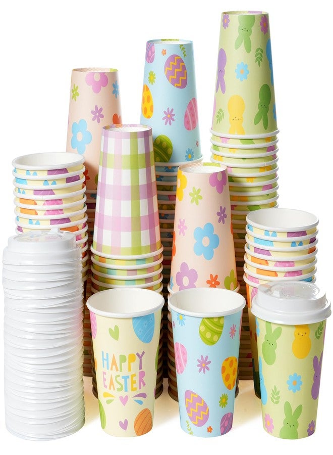 Pascliyna 100 Set Easter Disposable Coffee Cups with Lids, Bulk 12oz Colorful Eggs Paper Cups, Happy Easter Coffee Cups for Hot Chocolate Cold Drinks Spring Holiday Party Supplies Decorations - Image 1