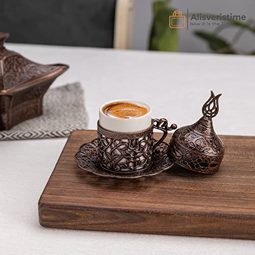 Alisveristime Turkish Coffee Set for Two - Authentic Ottoman Style Cups, Saucers, and Serving Tray with Lale Motifs (Acur) (Copper) - Image 2
