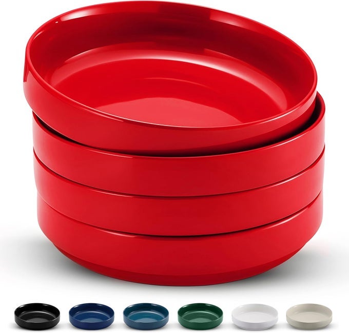 CERAMIC LARGE PASTA BOWLS MICROWAVE AND DISHWASHER SAFE GREAT FOR SOUPS AND SALADS SHALLOW SERVING BOWLS GLOSSY PORCELAIN 47 OZ SET OF 4 CHERRY RED