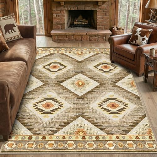 BESTSWEETIE Area Rug 5x7 Rug Machine Washable Non-Slip Low Pile Print Pattern Western Rug for Living Room Bedroom Entryway Tribal Series -Cream/Camel - Image 2