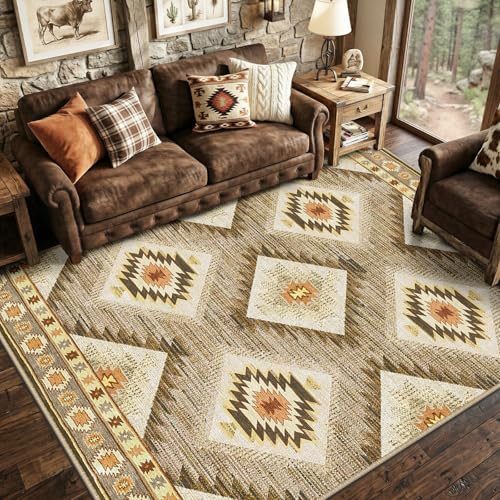 BESTSWEETIE Area Rug 5x7 Rug Machine Washable Non-Slip Low Pile Print Pattern Western Rug for Living Room Bedroom Entryway Tribal Series -Cream/Camel - Image 1