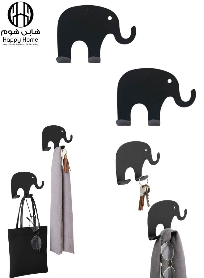 هابي هوم 2 قطعة حامل حائط معدني ذاتي اللصق للمطبخ والحمام بـ 4 خطافات (كل قطعة بخطافين) – منظم عملي لتعليق الملاعق، القدور، المقالي، المضارب، المناشف وأدوات المطبخ والحمام – تصميم زخرفي على شكل فيل، موفر للمساحة، بدون حفر، متين وعصري- أسود - Image 1