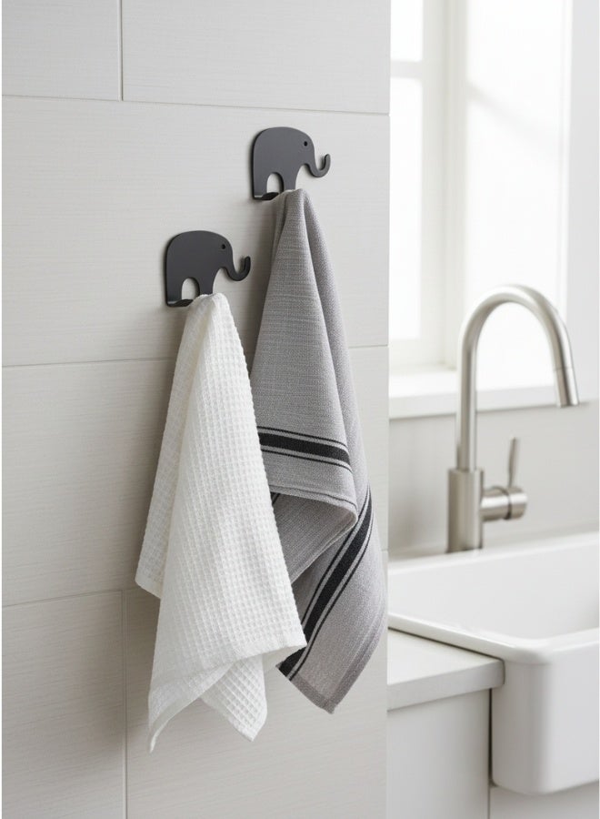 هابي هوم 2 قطعة حامل حائط معدني ذاتي اللصق للمطبخ والحمام بـ 4 خطافات (كل قطعة بخطافين) – منظم عملي لتعليق الملاعق، القدور، المقالي، المضارب، المناشف وأدوات المطبخ والحمام – تصميم زخرفي على شكل فيل، موفر للمساحة، بدون حفر، متين وعصري- أسود - Image 2