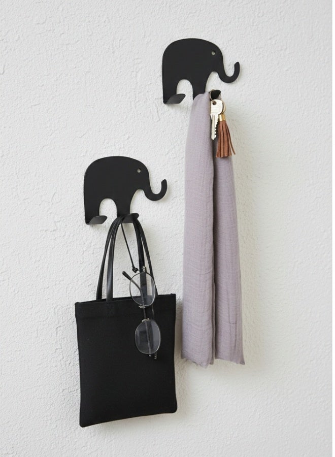 هابي هوم 2 قطعة حامل حائط معدني ذاتي اللصق للمطبخ والحمام بـ 4 خطافات (كل قطعة بخطافين) – منظم عملي لتعليق الملاعق، القدور، المقالي، المضارب، المناشف وأدوات المطبخ والحمام – تصميم زخرفي على شكل فيل، موفر للمساحة، بدون حفر، متين وعصري- أسود - Image 3